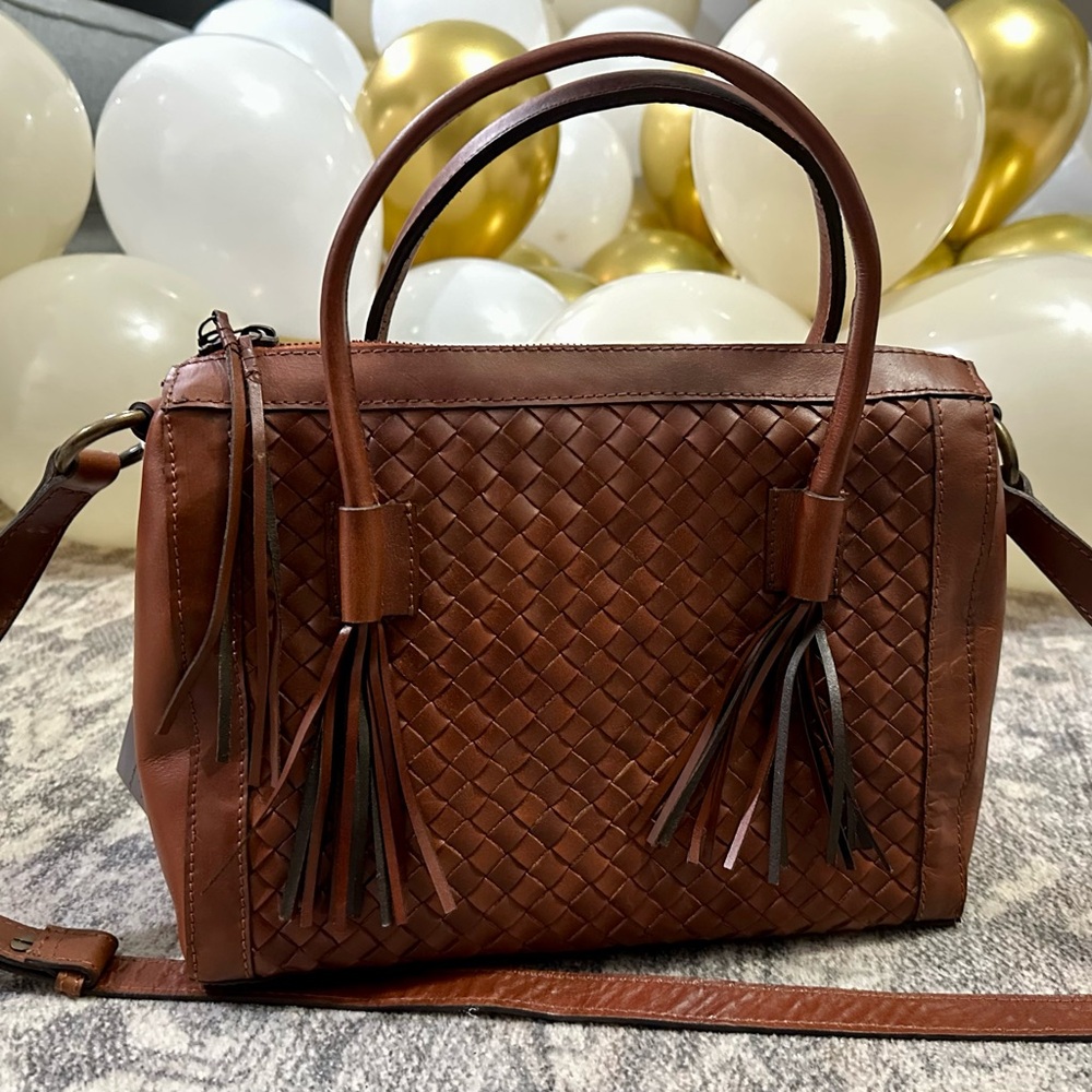 Noonday Monterey Brown Satchel with Textured Leather and Tassels